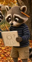 Kenji, a raccoon boy in a striped shirt with a pencil and sketchbook