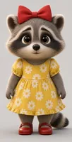 Lily, a little raccoon girl in a yellow flower dress and a red bow