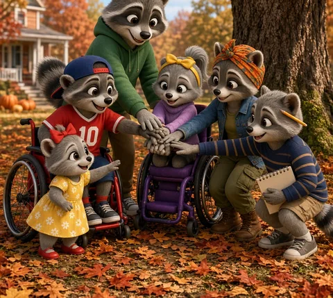 The Smoky Trail Rangers crew in autumn leaves, putting their hands together in the middle: Ricky, Mateo and Sami in their wheelchairs, Lily, Amara and Kenji.